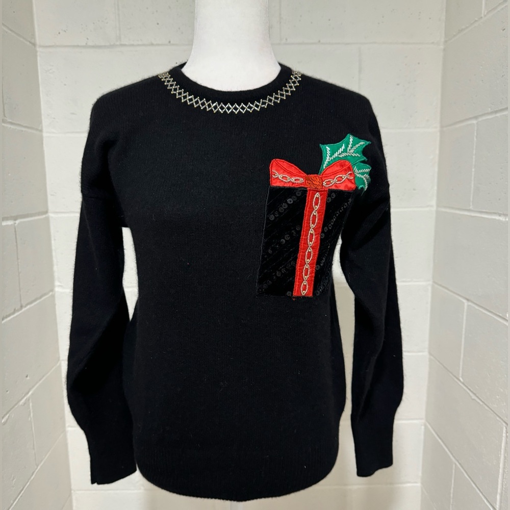 Marisa Christina Black Sweater with Red & Green Gift Applique